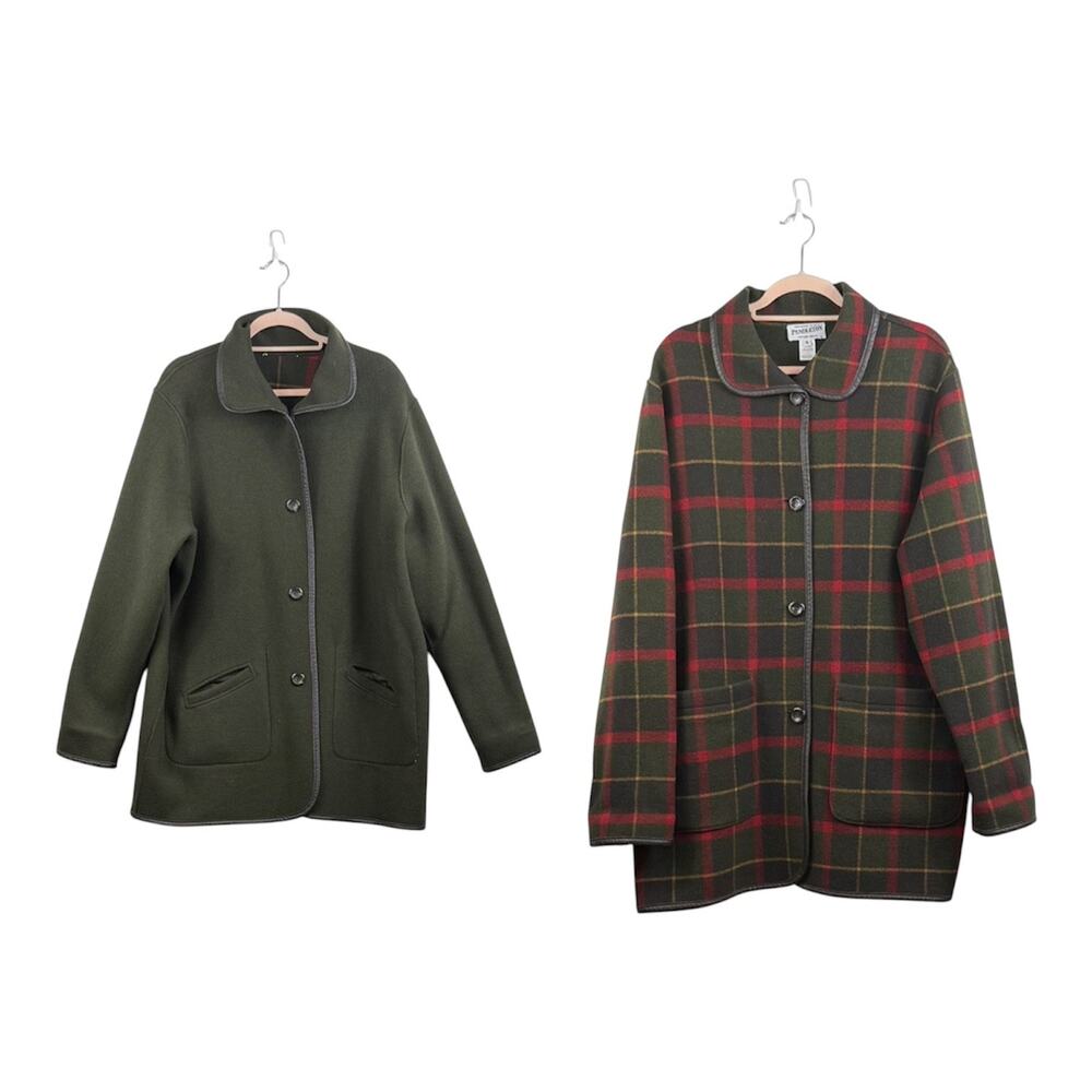 Vintage Y2K Pendleton Plaid & Solid Green Reversible 100% Wool Coat Women's XL